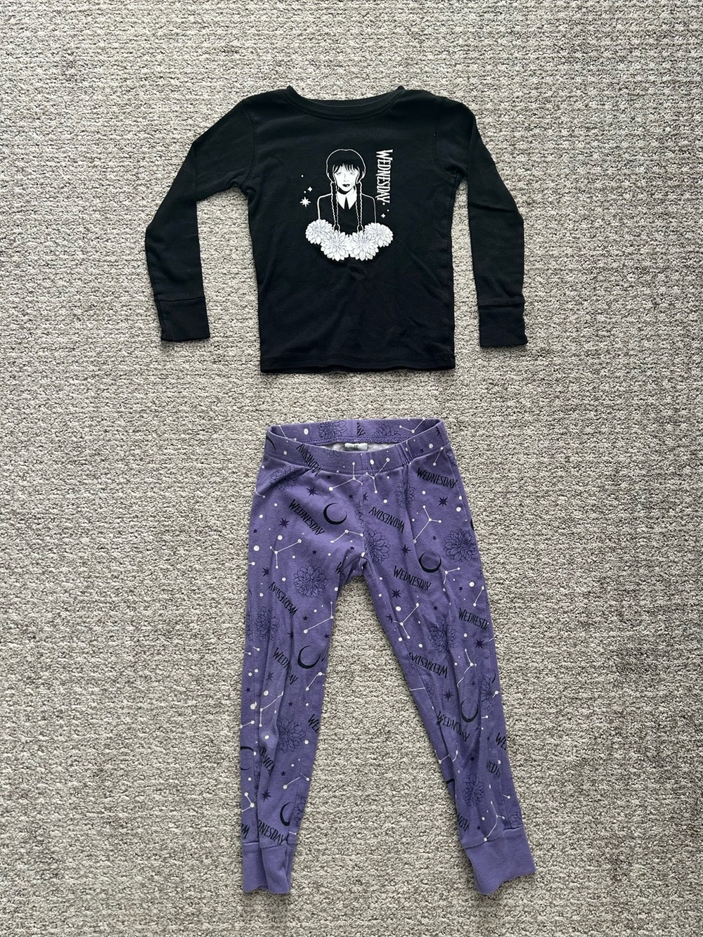 Wednesday Black Graphic Long Sleeve Top & Purple Moon Print Pajama Bottoms